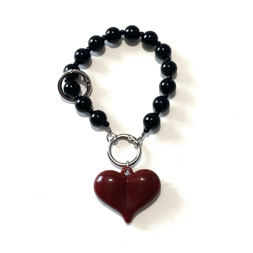 Black Red Puffy Heart Bag Charm Key Ring Beaded 6.5"